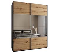ABIKSMEBLE LUX 4 Armoire à 2 Portes Coulissantes avec Miroir Elégant au Milieu de la Façade - Fermeture Silencieuse - Système HETTICH Topline L - 245,5x200x64cm - Noir, Artisan, Noir
