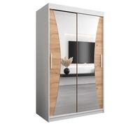 ABIKSMEBLE Monaco Armoire à portes coulissantes 120 armoire avec barre et étagère armoire pour chambre à coucher avec miroir (blanc mat + chêne artisanal)