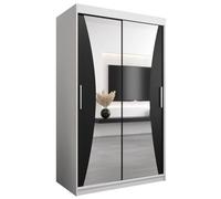 ABIKSMEBLE Monaco Armoire à portes coulissantes 120 avec barre et étagère pour chambre à coucher avec miroir (blanc mat + noir mat)