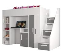ABIKSMEBLE Party 14 Lit Mezzanine pour Enfant, Adolescent avec Espace de Rangement - Lit Superposé avec Bureau, Armoire, Bibliothèque et Marchepieds - 247 x 165 x 120 cm - Blanc, Gris