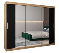 ABIKSMEBLE Tokyo 2 250 Armoire de Rangement avec Miroir à Trois Portes Coulissantes pour Chambre à Coucher - Moderne, Tringle et Étagères - 250x200x62 cm (L x H x P) - Artisan + Noir Mat