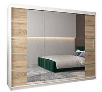 ABIKSMEBLE Verona 4 Armoire moderne avec miroir, barre et étagères 2 portes coulissantes 250 x 200 x 62 cm (largeur x hauteur x profondeur) Blanc mat + Sonoma