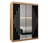 ABIKSMEBLE York 1 150 Armoire à Deux Portes Coulissantes pour Chambre à Coucher - Moderne Armoire de Rangement avec Miroir, Tringle et Étagères - 150x200x62 cm (L x H x P) - Artisan + Noir Mat