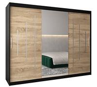 ABIKSMEBLE York 1 250 Armoire à Trois Portes Coulissantes pour Chambre à Coucher - Moderne Armoire de Rangement avec Miroir, Tringle et Étagères - 250x200x62 cm (L x H x P) - Noir Mat + Sonoma
