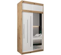 ABIKSMEBLE York 2 120 Armoire de Rangement à Deux Portes Coulissantes pour Chambre à Coucher avec Miroir, Tringle et Étagères - 120x240x62 cm (L x H x P) - Artisan + Blanc Mat avec Extension