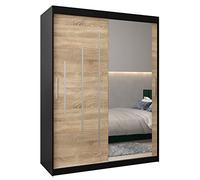 ABIKSMEBLE York 2 150 Armoire à Deux Portes Coulissantes pour Chambre à Coucher - Moderne Armoire de Rangement avec Miroir, Tringle et Étagères - 150x200x62 cm (L x H x P) - Noir Mat + Sonoma