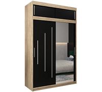 ABIKSMEBLE York 2 150 Armoire de Rangement à Deux Portes Coulissantes pour Chambre à Coucher avec Miroir, Tringle et Étagères - 150x240x62 cm (L x H x P) - Sonoma + Noir Mat avec Extension