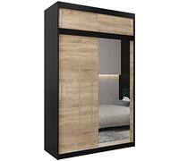 ABIKSMEBLE York 2 150 Armoire de Rangement à Deux Portes Coulissantes pour Chambre à Coucher avec Miroir, Tringle et Étagères - 150x240x62 cm (L x H x P) - Noir Mat + Sonoma avec Extension