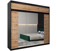 ABIKSMEBLE York 2 Armoire de Rangement à Trois Portes Coulissantes pour Chambre à Coucher avec Miroir, Tringle et Étagères - 250x240x62 cm (L x H x P) - Noir Mat + Artisan avec Extension