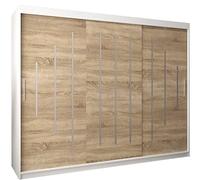 ABIKSMEBLE York 250 Armoire à portes coulissantes avec barre et étagère pour chambre à coucher Blanc mat + chêne Sonoma