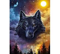 Abillyn Diamond Wolf Kit de peinture diamant 5D au point de croix Motif soleil et lune Loup noir