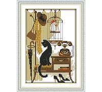 Abillyn Kit de broderie au point de croix Motif chat noir et perroquet estampillé avec motif imprimé (chat noir)