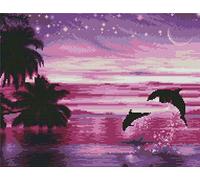 Abillyn Kit de broderie au point de croix Paysage nocturne de mer, dauphin, étoiles, lune estampillé avec motif imprimé (dauphin)