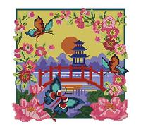 Abillyn Kit de broderie au point de croix pré-imprimé, vue sur le lac, papillon et lotus - Ensemble de broderie (paysage)