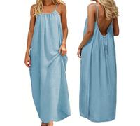 ABINGOO Robe D’été Femme Longue Dos Nu Caraco en Col Rond Ample Robes | Décontractée Sans Manches Couleur Unie Spaghetti Fluide Plage Robe avec Cordon Ajustable