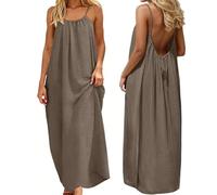 ABINGOO Robe D’été Femme Longue Dos Nu Caraco en Col Rond Ample Robes | Décontractée Sans Manches Couleur Unie Spaghetti Fluide Plage Robe avec Cordon Ajustable