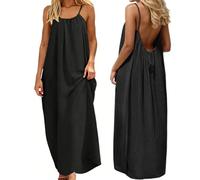 ABINGOO Robe D’été Femme Longue Dos Nu Caraco en Col Rond Ample Robes | Décontractée Sans Manches Couleur Unie Spaghetti Fluide Plage Robe avec Cordon Ajustable