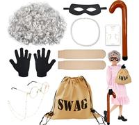 Abitoncc Costume de grand-mère cambrioleur pour enfants, perruque grise, masque pour les yeux, sac swag, collier pour enfants, costume d'Halloween pour la journée mondiale du livre