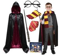 Abitoncc Costume de magicien 5 pièces pour enfants - Cape noire, baguette de magicien, lunettes, cravate et écharpe pour enfants - 100 cm