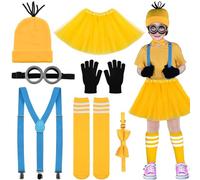 Abitoncc Costume jaune pour enfants - Bonnet en tricot jaune - Lunettes steampunk, nœud papillon, bandoulière, bas pour enfants - Costume d'Halloween - Journée mondiale du livre