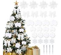 Abitoncc Lot de 32 décorations de sapin de Noël blanches en plumes blanches - Décorations de Noël - Nœuds de Noël pour arbres de Noël - Décorations de sapin de Noël blanches