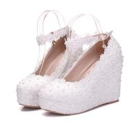 ABJGHYUT Chaussures de Mariage en Dentelle Blanche Chaussures compensées à Talons compensés Chaussures compensées à Bout Rond Escarpins Chaussures de mariée,Blanc,37