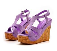 ABJGHYUT Sandales compensées à plateforme à bout ouvert de 4,9 pouces, sandales à talons hauts à bout rond, sandales à la cheville à rayures en bois,Violet,33