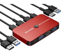 ABLEWE Commutateur KVM, commutateur KVM HDMI en aluminium, prend en charge 4K @ 60 Hz, 2 câbles HDMI et 2 câbles USB inclus (rouge)