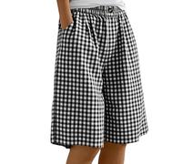 ABLYTMIAQ Short long vichy pour femme avec cordon de serrage taille élastique pantalon large avec poches uni coupe ample longueur genou bermuda d'été décontracté pour femme, Noir 01, XL