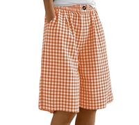 ABLYTMIAQ Short long vichy pour femme avec cordon de serrage taille élastique pantalon large avec poches uni coupe ample longueur genou bermuda d'été décontracté pour femme, Orange, 3XL