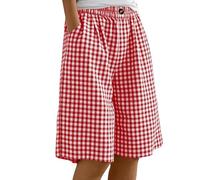 ABLYTMIAQ Short long vichy pour femme avec cordon de serrage taille élastique pantalon large avec poches uni coupe ample longueur genou bermuda d'été décontracté pour femme, Rouge 01, XXL