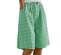 ABLYTMIAQ Short long vichy pour femme avec cordon de serrage taille élastique pantalon large avec poches uni coupe ample longueur genou bermuda d'été décontracté pour femme, Vert 01., S