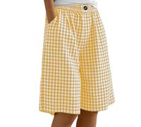 ABLYTMIAQ Short long vichy pour femme avec cordon de serrage taille élastique pantalon large avec poches uni coupe ample longueur genou bermuda d'été décontracté pour femme, Jaune 01., M