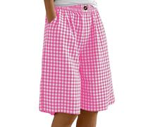 ABLYTMIAQ Short long vichy pour femme avec cordon de serrage taille élastique pantalon large avec poches uni coupe ample longueur genou bermuda d'été décontracté pour femme, rose vif, S