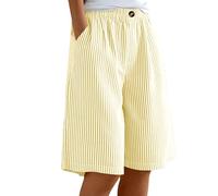 ABLYTMIAQ Short long vichy pour femme avec cordon de serrage taille élastique pantalon large avec poches uni coupe ample longueur genou bermuda d'été décontracté pour femme, Jaune 02., M