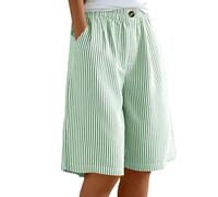 ABLYTMIAQ Short long vichy pour femme avec cordon de serrage taille élastique pantalon large avec poches uni coupe ample longueur genou bermuda d'été décontracté pour femme, Vert 02., XL