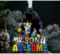ABNSDesigns My Son is Au Some Décoration en acrylique - Ours de sensibilisation à l'autisme avec pièces de puzzle - Décoration de vacances - Arbre de Noël à suspendre - Cadeau pour fils autistes
