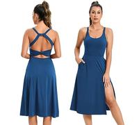 ABOCIW Athletic Dress for Women Scoop Neck Sleeveless Backless Cut Out Twisted Split Hem Tennis Dress with Built in Bra and Pocket Golf Exercise Midi Casual Dresses for Women 2023 Dark Blue Small