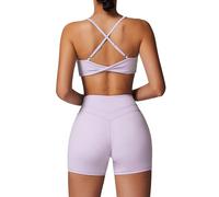 ABOCIW Ensembles de sport 2 pièces pour femme avec brassière à col en V et dos torsadé, short de cyclisme taille haute, tenue de yoga, violet, Small