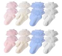 ABOHU 8 Paires Double Dentelle Chaussettes pour Filles Coton Chaussettes d'école à la cheville Socquette en Blanc Rose Beige Bleu Bowknot de Princesse pour 1 à 6 Ans