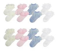 ABOHU 8 Paires Double Dentelle Chaussettes pour Filles Coton Chaussettes d'école à la cheville Socquette en Blanc Rose Beige Bleu Bowknot de Princesse pour 1 à 6 Ans