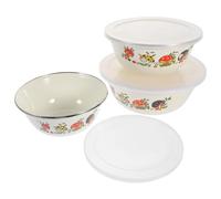 ABOOFAN 3 Pièces Saladier Cuisine en Émail Couvercle, Bol Profond | Couvercle Transparent en Silicone, Style Chinois Raffiné, pour Nouilles Instantanées, Légumes, Service Portable