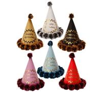 ABOOFAN 6 Pièces Chapeau D’anniversaire en Papier 20cm avec Pompon Doré | Léger et Confortable, Cordon Élastique, pour Garçon et Filles, Invités et Animaux, Fête et Décoration Style Aléatoire