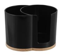 ABOOFAN Boîte de Rangement Portable Ronde à Double Compartiment pour Cotons Démaquillants et Boules de Coton, en Bambou et Plastique Noir, Compacte Salle de Bain