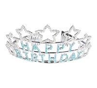 ABOOFAN Couronne d'Anniversaire en Alliage avec Strass Bleu Happy Birthday Serrage-Tête Réglable Taille Unique Accessoire Cheveux Fête Femme Décoration Anniversaire Élégante et