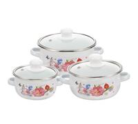 ABOOFAN Marmite en Émail 3 Pièces Surface Lisse et Fond Plat, Casserole Antiadhésive à Motifs Floraux Cuisson Quotidienne Double Poignée Style Aléatoire