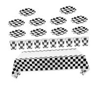 ABOOFAN Set de Jetable à Carreaux Noir et Blanc pour Fête à Thème Course Nappes Assiettes et Gobelets Décorations de Table pour Anniversaire et