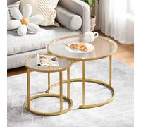 aboxoo Lot de 2 petites tables basses gigognes rondes en verre pour salon, chambre à coucher, table basse d'appoint avec cadre en métal doré, moderne, industriel, simple