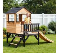 Abracadaprout Cabane Perchée Enfant en Bois FSC avec Toboggan Blanc | Maisonnette sur Pilotis Écologique pour Jardin | Toit Noir, Fenêtres, Escalier Sécurisé - Couleur Naturelle et Noir