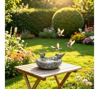 Abreuvoir classique pour oiseaux en résine avec 2 oiseaux décoratifs (gris | Abreuvoir pour oiseaux sauvages - Abreuvoir d'eau pour jardin/terrasse/balcon - Rond - 26 cm